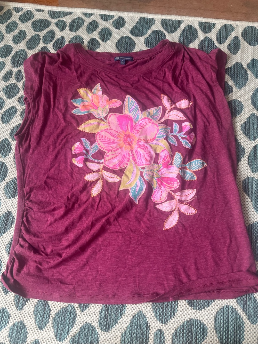 Democracy Burgundy Tank Top with Pink Floral Applique